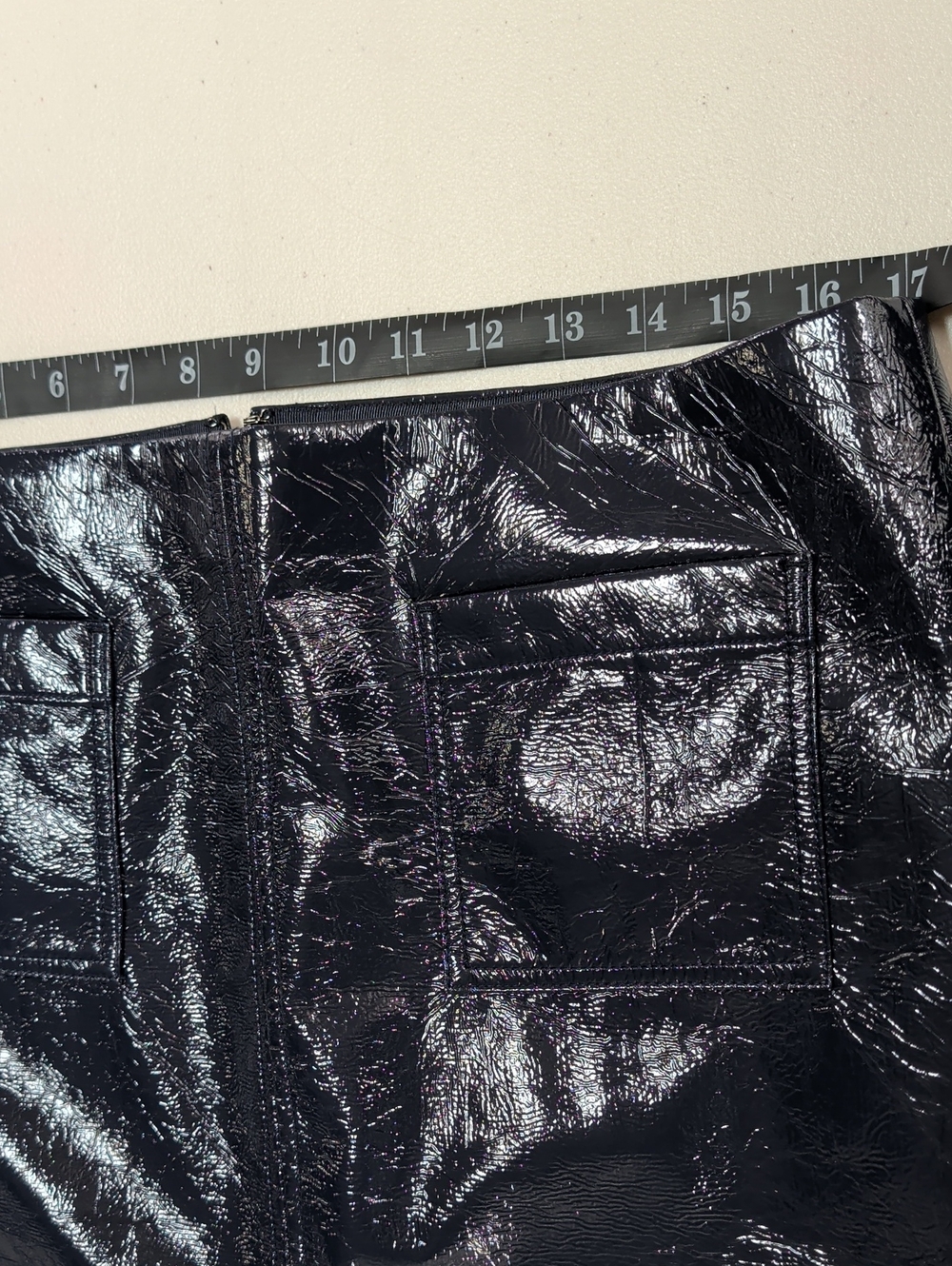 J.Crew, Patch Pocket, Navy Faux Leather Crinkle Skirt. Size 12 - Picture 7 of 10